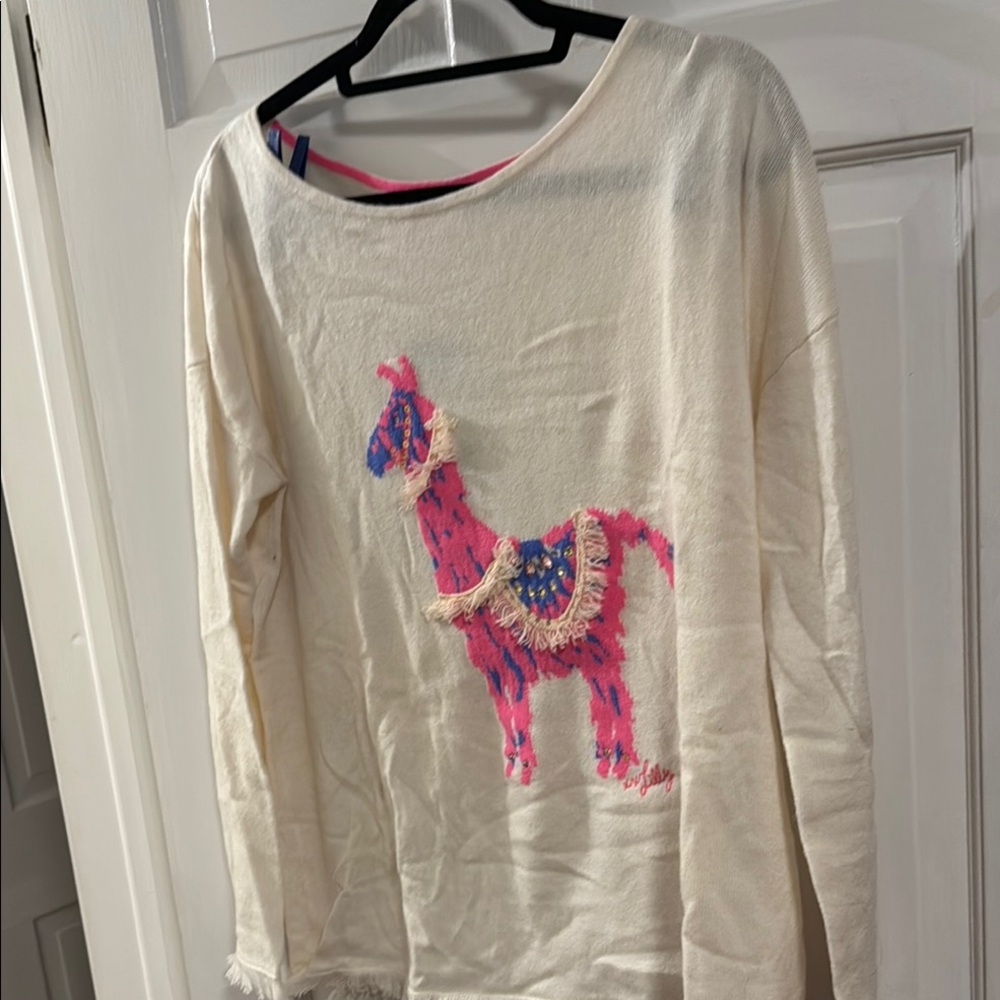 Lilly Pulitzer Cream and Pink Long Sleeve Sweater with Whimsical Llama Design